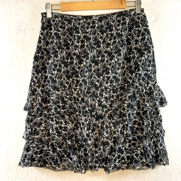 Womens 100% Silk Chiffon Floral Skirt Sz 4P Black Tiered Ruffle Feminine Flowy - Picture 6 of 12